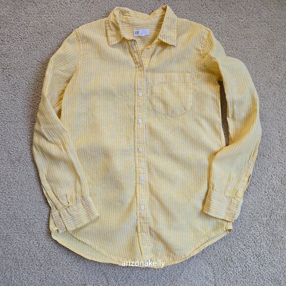 GAP Tops - GAP Linen Yellow Pinstripe Button Down XS